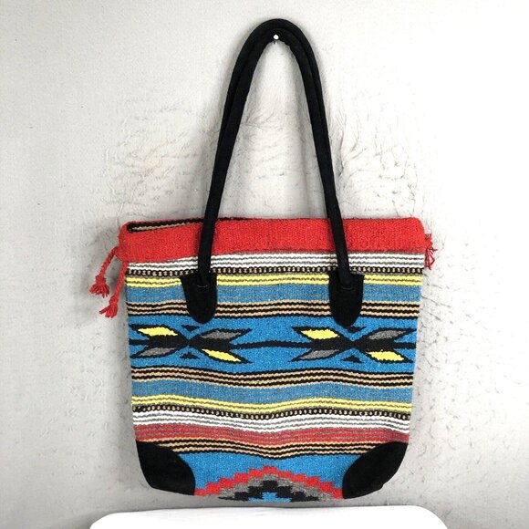 Southwestern Blanket Tote  Bag Aztec Suede Handles Western Primitive Art - Picture 1 of 16